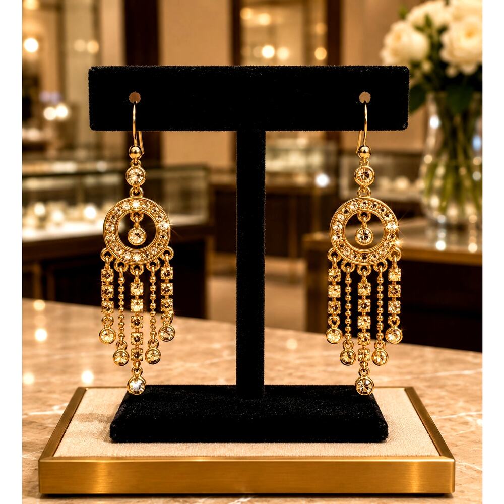 Vintage Monet Gold Tone Rhinestone Chandelier Dangle Earrings